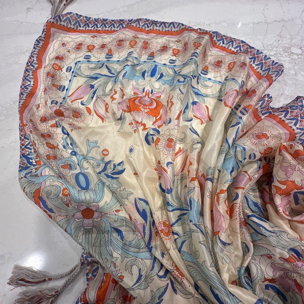 Johnny Was Silk Scarf Wrap Floral Print with Tassels Large Square 43"x43" - Picture 10 of 10